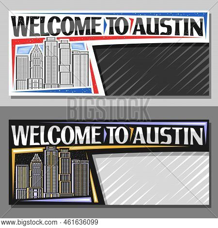 Vector Layouts For Austin With Copy Space, Decorative Voucher With Line Illustration Of Famous Austi