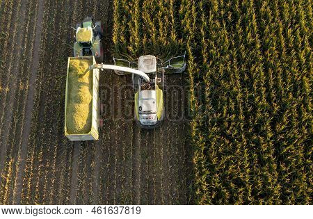 Hamburg, Germany - September 07, 2022: Fendt Vario Tractor With Silagewagon And Claas Maize Chopper 