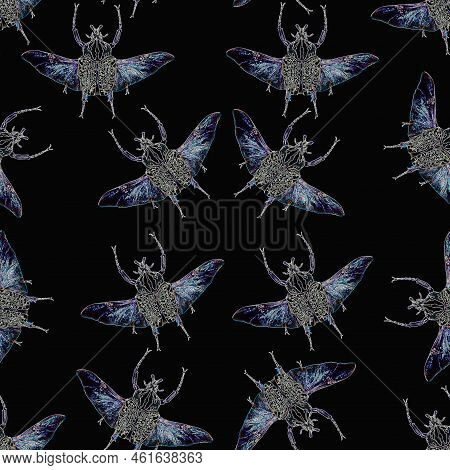 Seamless Pattern Goliathus Orientalis  Flower Beetles On Black Background, Vintage Retro Engrave Sty