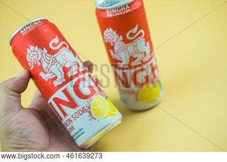 Samut Prakan, Thailand - September 16, 2022 : New Products From Singha. A Canned Of Singha Red Lemon