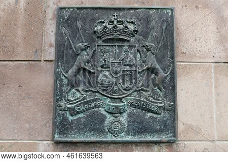 Garachico, Tenerife, Canary Islands, Spain, February 23, 2022: Coat Of Arms Of Garachico On The Monu