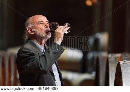 Senior Caucasian Tourist, Greybeard Elegant Man Tasting Red Wine In An Underground Wine Cellar Of Th