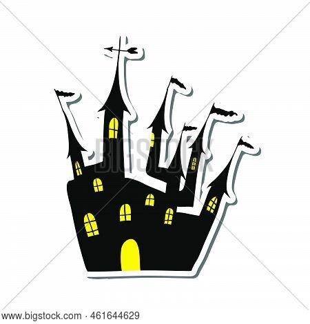 Halloween Black Castle With Yellow Windows Sticker With Shadow. Vector Illustration.