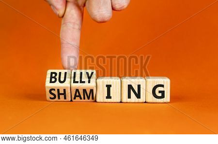 Shaming And Bullying Symbol. Concept Words Shaming And Bullying On Wooden Cubes. Businessman Hand. B