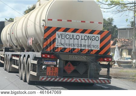 Feira De Santana, Bahia, Brazil - September 13, 2022: Fuel Tank Truck Traveling Along The Br 324 Hig