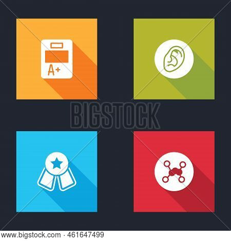 Set Exam Sheet With A Plus Grade, Ear Listen Sound Signal, Medal Star And Chemical Formula Icon. Vec
