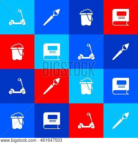 Set Roller Scooter, Paint Brush, Sand Bucket And Book Icon. Vector