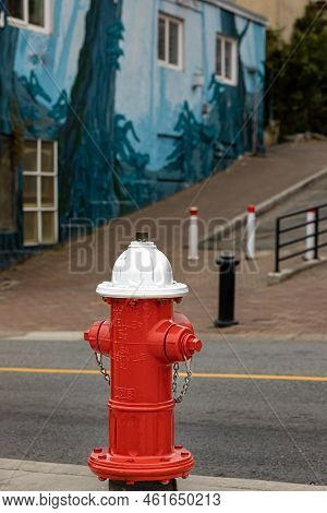 Red Fire Hydrant On A Street Of A White Rock City Bc Canada. Fire Hidrant For Emergency Fire Access-