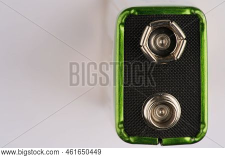 Moscow, Russia-september 15, 2022: The Battery Is 9 Volts. View From Above. Contacts Are Visible. Sp