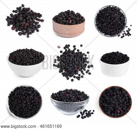 Set With Freeze Dried Blueberries On White Background