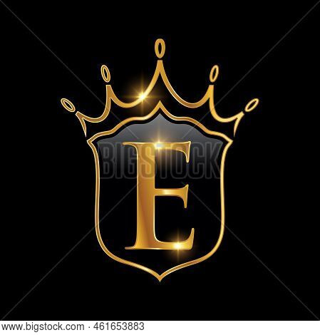 Golden Luxury Heraldic Crown And Shield Vector Icon In Black Background With Gold Shine Effect Monog
