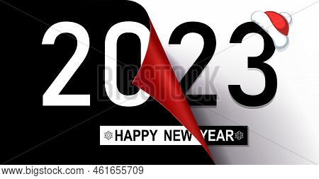 Happy New Year 2023, Christmas Composition, Folded Sheet Of Black And White