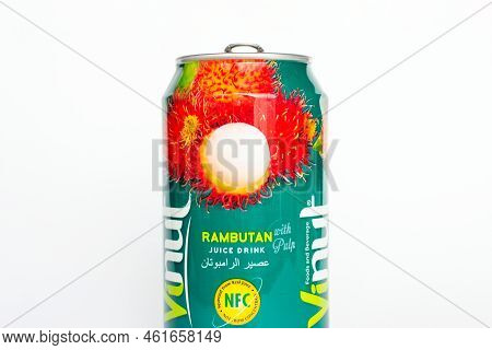Dushanbe, Tajikistan - September 12, 2022: Vietnamese Rambutan Vinut Juice Drink Aluminium Can On Wh