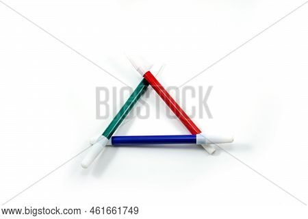 Conceptual Green, Red, And Blue Triangular Markers Isolated On White