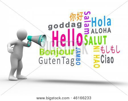 Bílá postava odhalující hello v různých jazycích s megafon na bílém pozadí