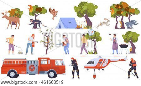 Forest Fire Flat Icon Set Fire Stricken Wildlife Burning Tree Tops Abandoned Cigarettes And Fire Tru