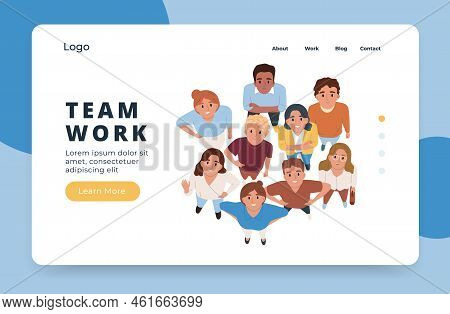 Team Work Flat Horizontal Web Site Banner With Group Of Happy People Looking Up Top View Vector Illu