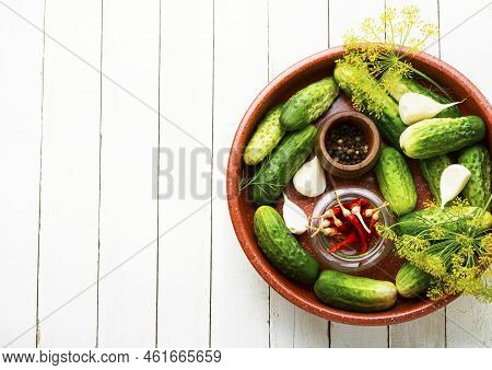 Fresh Cucumbers And Ingredients For Cooking Pickled,space For Text