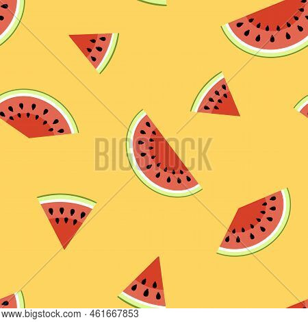 Watermelon Pieces Seamless Pattern. Cut Watermelon, Piece, Bit On Orange. Flat, Vector