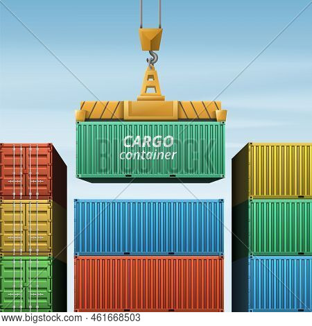Cargo Container Realistic Composition With Outdoor View Of Underhung Crane Loading Hanging Cargo Con