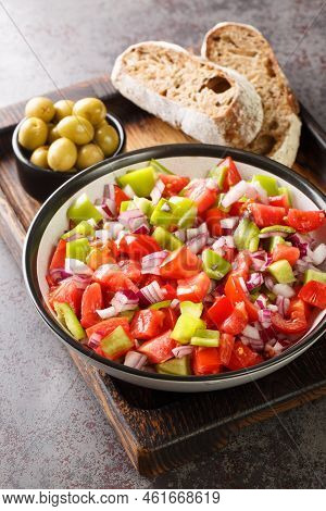 Trampo Salad Is A Traditional Majorcan Dish Made With Tomatoes, Peppers, And Onions Served With Oliv