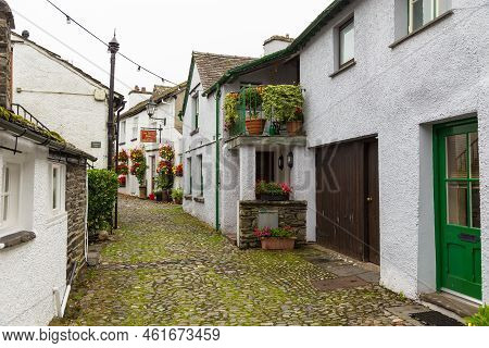 Hawkshead, Cumbria, Uk, 15 August 2018 - Facade Of A White Buildings In The Village Of Hawkshead In 