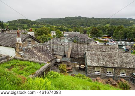 Hawkshead, Cumbria, Uk, 15 August 2018 - Facade And Roofs Of A Stone Buildings In The Village Of Haw