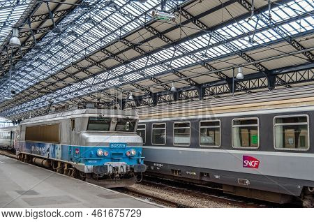 Hendaye, France - August 16, 2013: Trains At The Hendaye Railway Station, In The South Of France, A