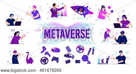 Metaverse Flat Set With Isolated Images Of Wearable Gaming Accessories And Human Characters Into Vir