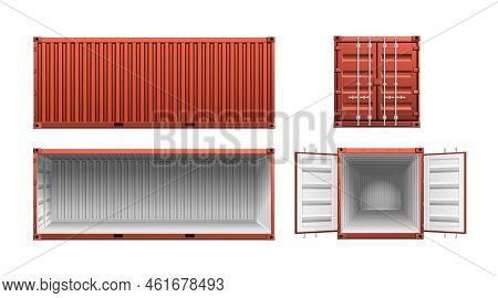Cargo Container Realistic Set With Four Isolated Images Of Different Angle Views Of Long Shipping Co