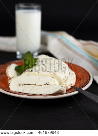 Homemade Halloumi From Goat Milk With The Addition Of Mesophilic Sourdough. White Cheese For Grillin