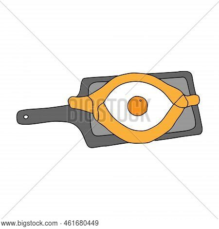 A Black Hand-drawn Vector Illustration Of One Yellow Khachapuri On The Gray Desck Isolated On A Whit