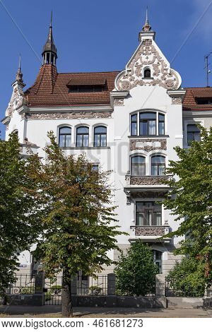 Riga Art Nouveau Or Jugendstil Of Beautiful House With Weathercock On Turret, Balconies And Stucco D