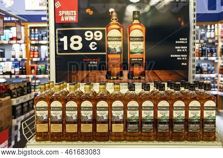 Latvia, Riga, September, 2022: Bushmills Irish Whiskey With Special Offers On A Promotional Trading 