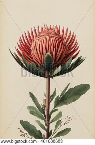 The Beautiful Bloom Of The Protea Flower, Red And Green On A Cream Background. Artistic Illustration