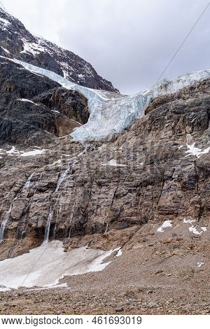 Angel Glacier And Its Small Waterfalls At Mt. Edith Cavell In Jasper National Park Canada