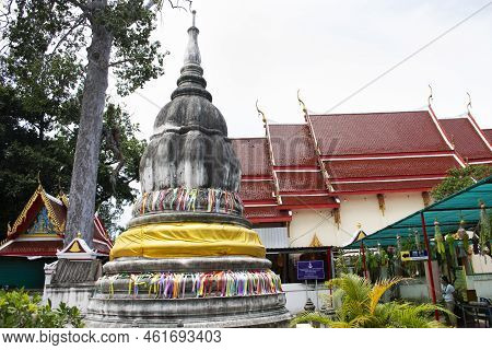 Ancient Stupa Or Antique Ruins Chedi For Thai People Traveler Travel Visit And Respect Praying Bless