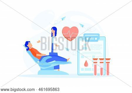 Nurse With Donor Sitting In Medical Chair And Donating Blood In Donation Bag. Blood Donation, Blood 