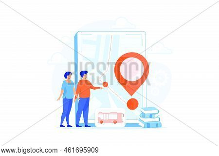 Parents Looking At School Bus Location Pin And Map On Tablet. Child Tracking System, School Bus Rout