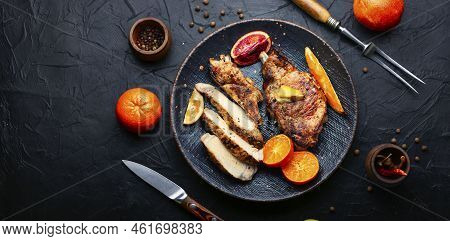 Meat Steak Fried In Fruits, Bbq