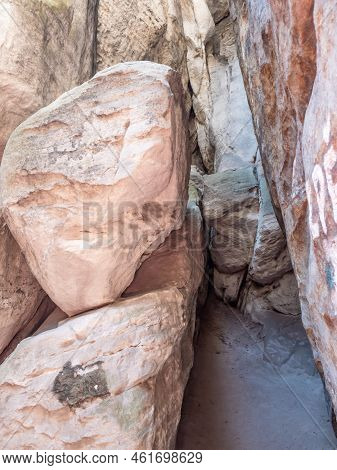 Narrow Passage Between Big Rocks In Stone Labyrinth Ostas Rocks, Czechia