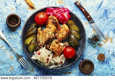 Roasted Chicken Meat And Pickles.