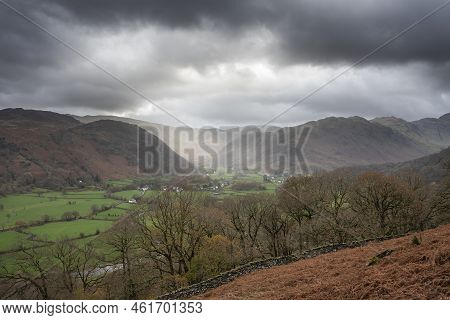 Stunning Autumn Landscape Image Towards Borrowdale Valley From Castle Crag In Lake Disrtrict