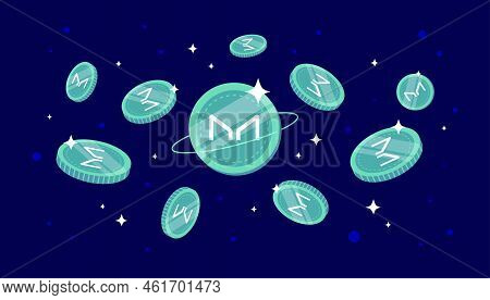 Maker (mkr) Coins Falling From The Sky. Mkr Cryptocurrency Concept Banner Background.