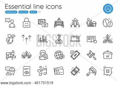 Organic Tested, Fair Trade And Love Music Line Icons. Collection Of Cleaning, Inclusion, Swipe Up Ic