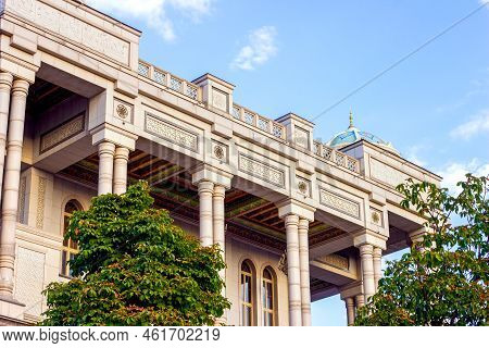 Dushanbe, Tajikistan - August 10, 2022: White Kokhi Navruz Palace Facade Exterior Architecture With 