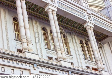 Dushanbe, Tajikistan - August 10, 2022: White Kokhi Navruz Palace Facade Exterior Architecture With 
