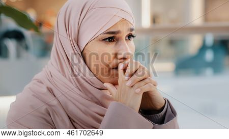 Close-up Upset Young Woman Gets Bad News Feels Stressful Anxiety Frustrated Muslim Girl Suffers From