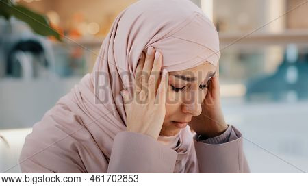 Close-up Upset Young Woman Gets Bad News Feels Stressful Anxiety Frustrated Muslim Girl Suffers From