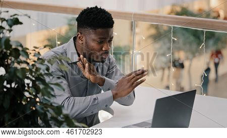 Frustrated Serious Businessman Talking Via Video Call Communicates Online Conference By Webcam On La